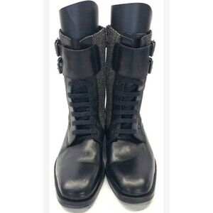 Hugo Boss Boots Men 8 Black Leather Tweed Combat Buckle Lace Up Made Italy EU 41